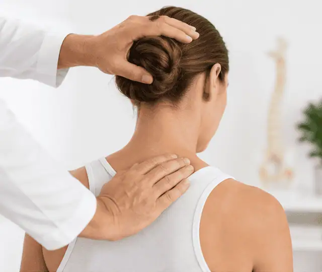 Therapist examining woman's neck and upper back
